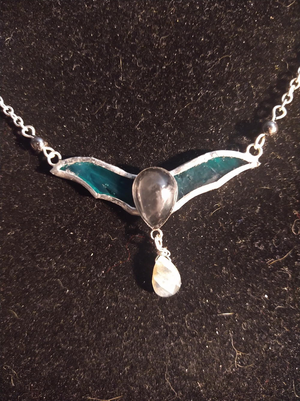 Teal Stained Glass Bat Teardrop  Necklace with Labradorite